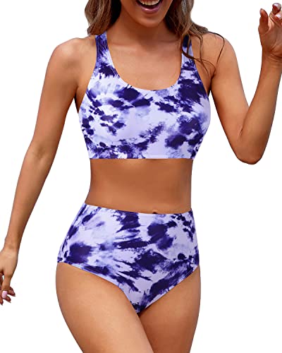 High Cut Legs Women Scoop Neck Bathing Suit For Teen Girls-Purple Tie Dye