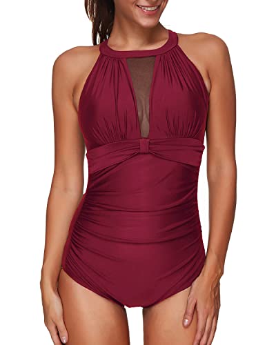 Women's High Neck Mesh Bathing Suit With Tummy Control Swimwear-Maroon