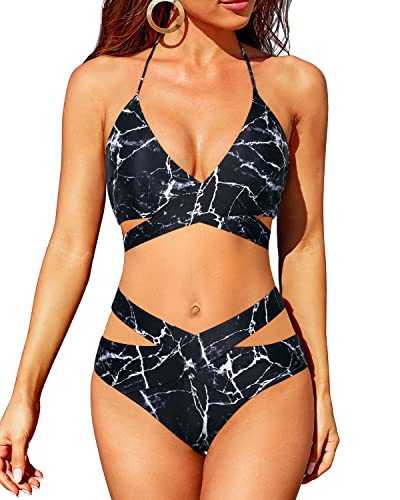 High Waisted Bikini Sets For Women Halter Wrap Criss Cross Two Piece Swimsuit-Black Marble